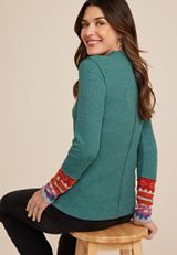 Waffle Mock Neck Fair Isle Cuff Mixer Tee, C3409, small