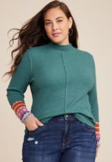 Plus Size Waffle Mock Neck Fair Isle Cuff Mixer Tee, C3409, small