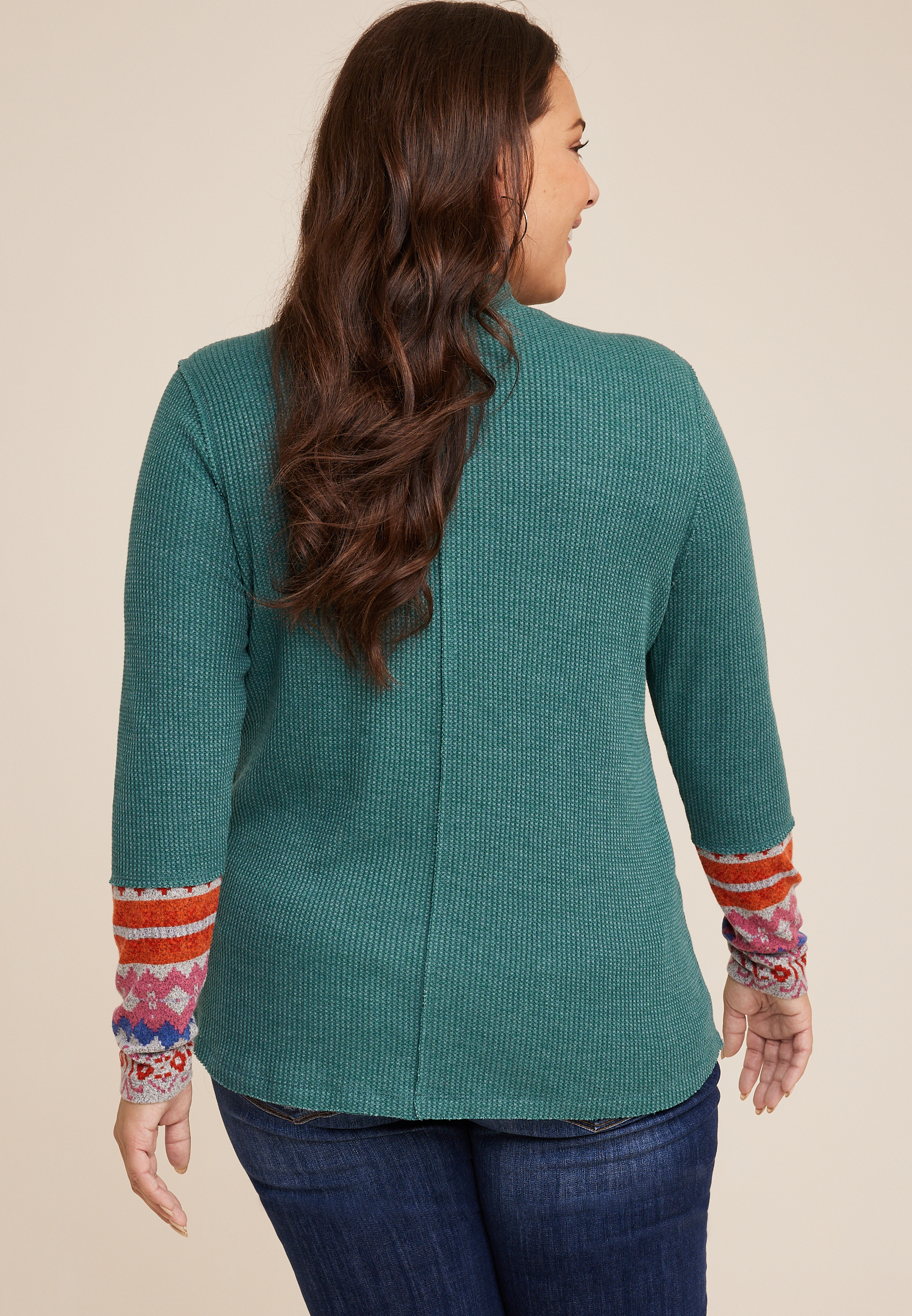 Plus Size Waffle Mock Neck Fair Isle Cuff Mixer Tee, C3409, large