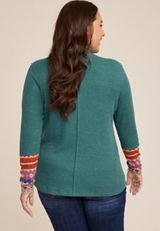 Plus Size Waffle Mock Neck Fair Isle Cuff Mixer Tee, C3409, small