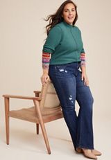 Plus Size Waffle Mock Neck Fair Isle Cuff Mixer Tee, C3409, small