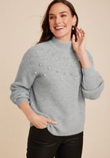 Faux Pearl Embellished Mock Neck Sweater, LIGHT HEATHER GRAY COMBO, small