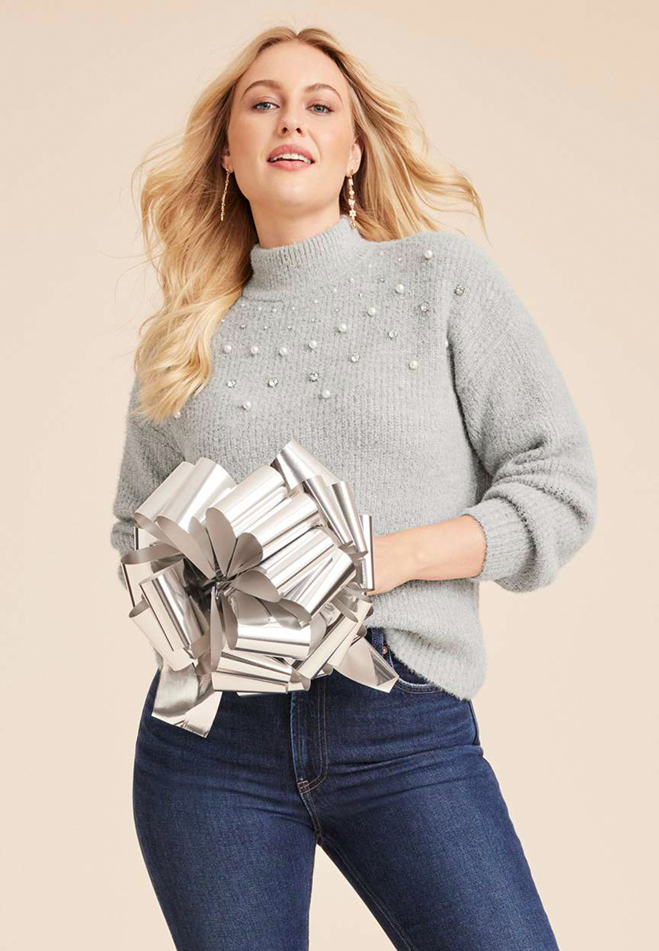 Faux Pearl Embellished Mock Neck Sweater, LIGHT HEATHER GRAY COMBO, large