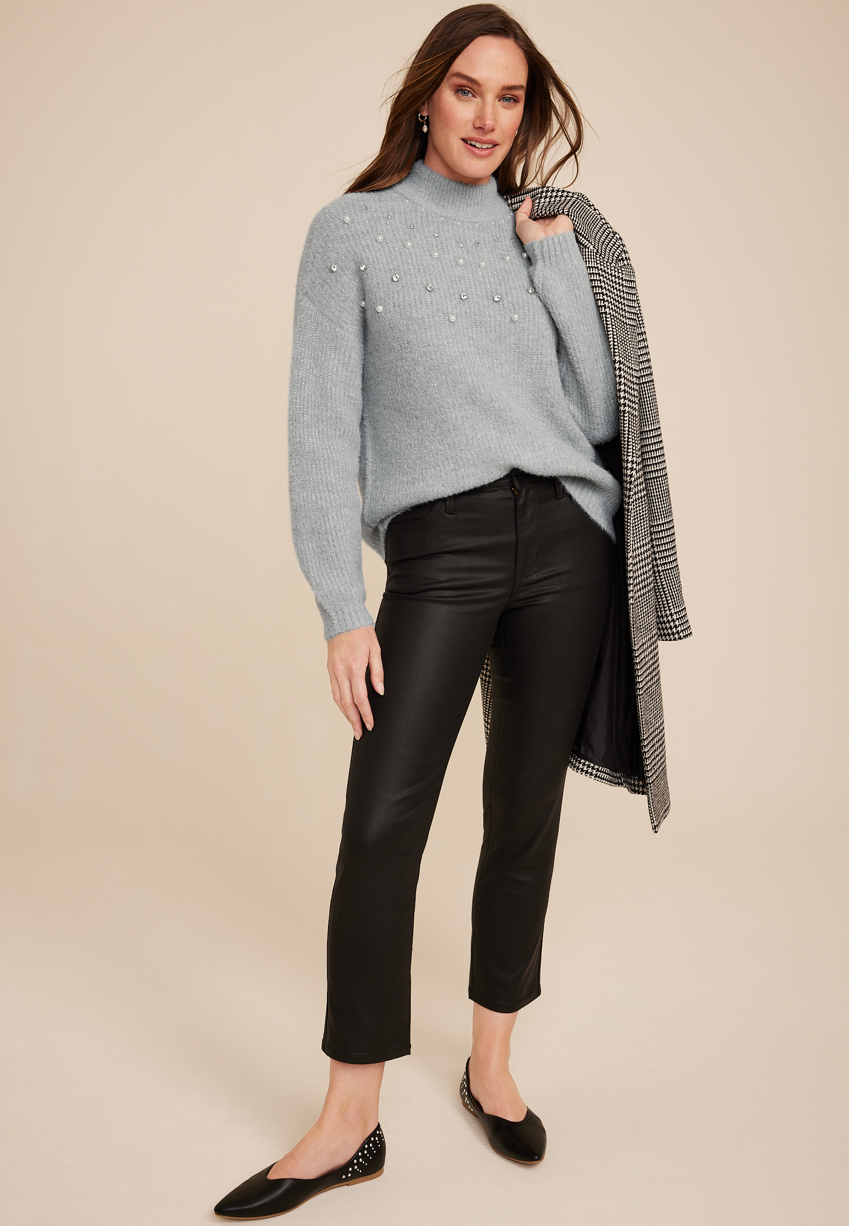 Faux Pearl Embellished Mock Neck Sweater, LIGHT HEATHER GRAY COMBO, large