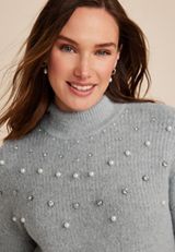 Faux Pearl Embellished Mock Neck Sweater, LIGHT HEATHER GRAY COMBO, small