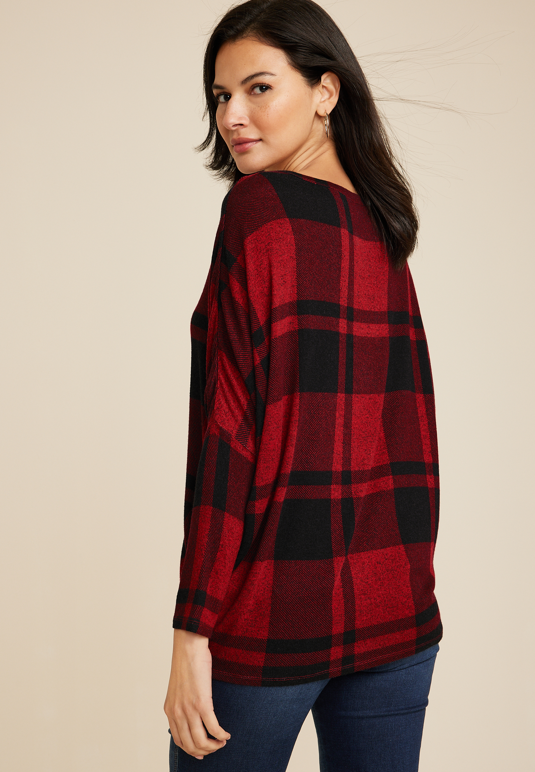 24/7 Dakota Buffalo Plaid Dolman Top, C7044, large
