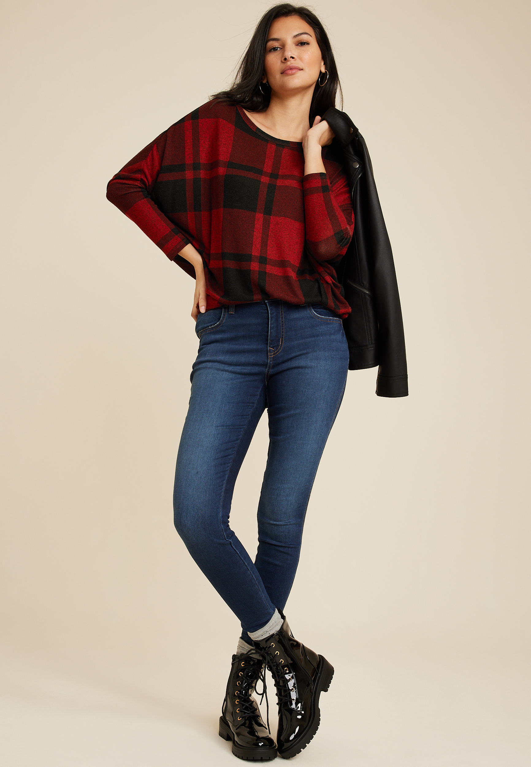 24/7 Dakota Buffalo Plaid Dolman Top, C7044, large