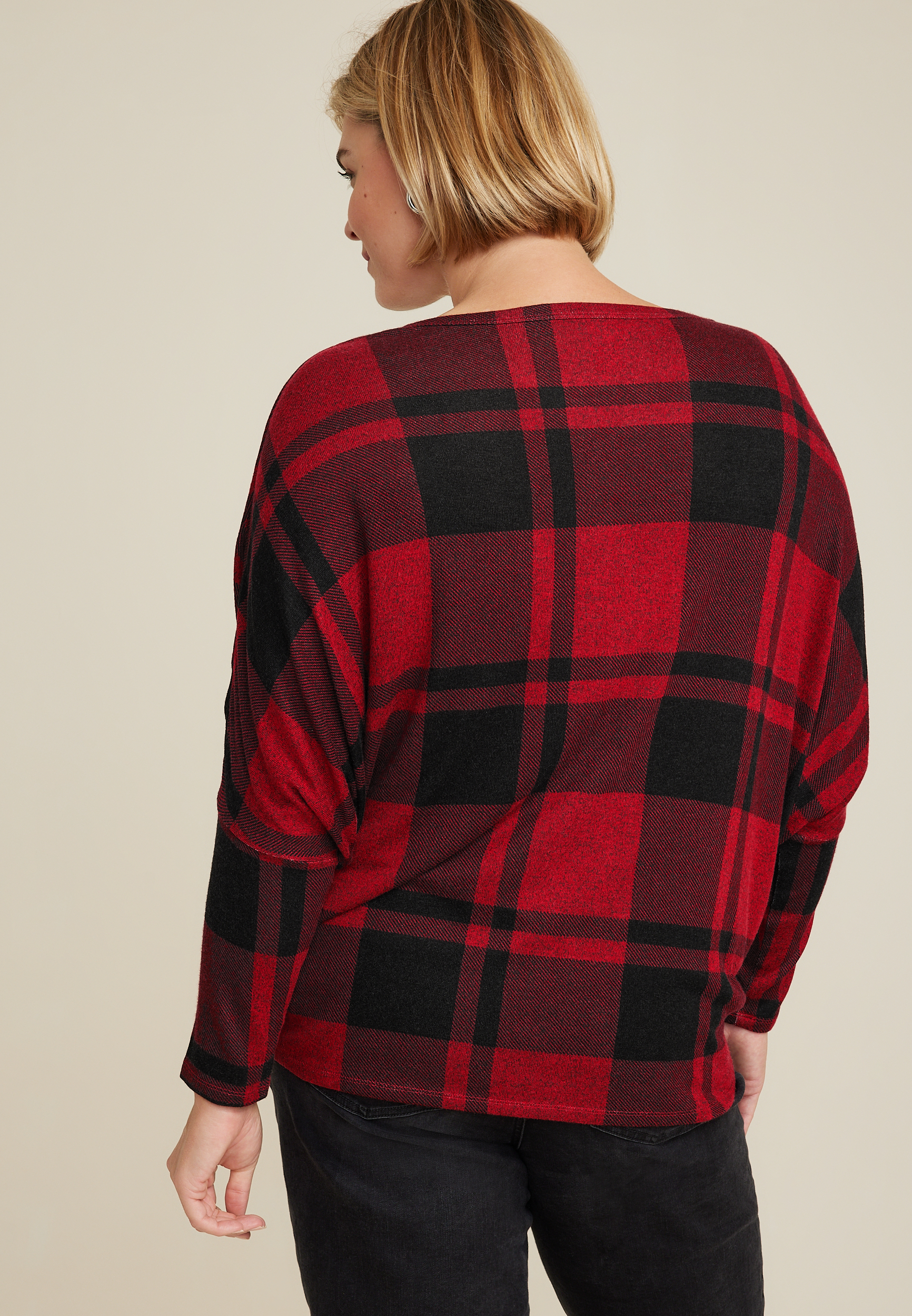 Plus Size 24/7 Dakota Buffalo Plaid Dolman Top, REBEL RED COMBO, large