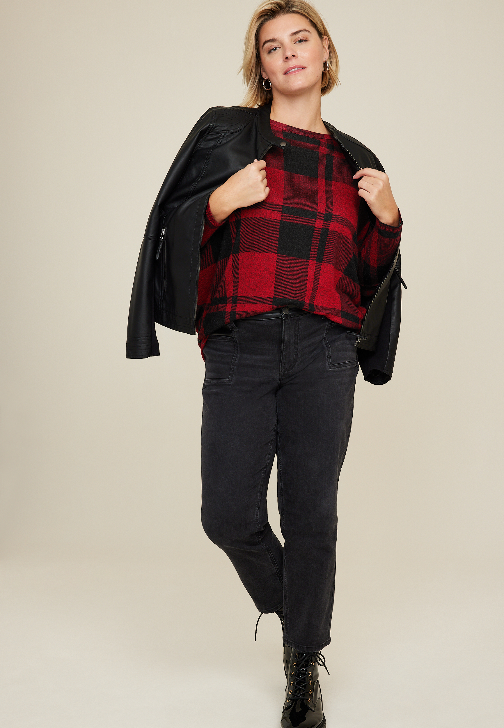 Plus Size 24/7 Dakota Buffalo Plaid Dolman Top, REBEL RED COMBO, large