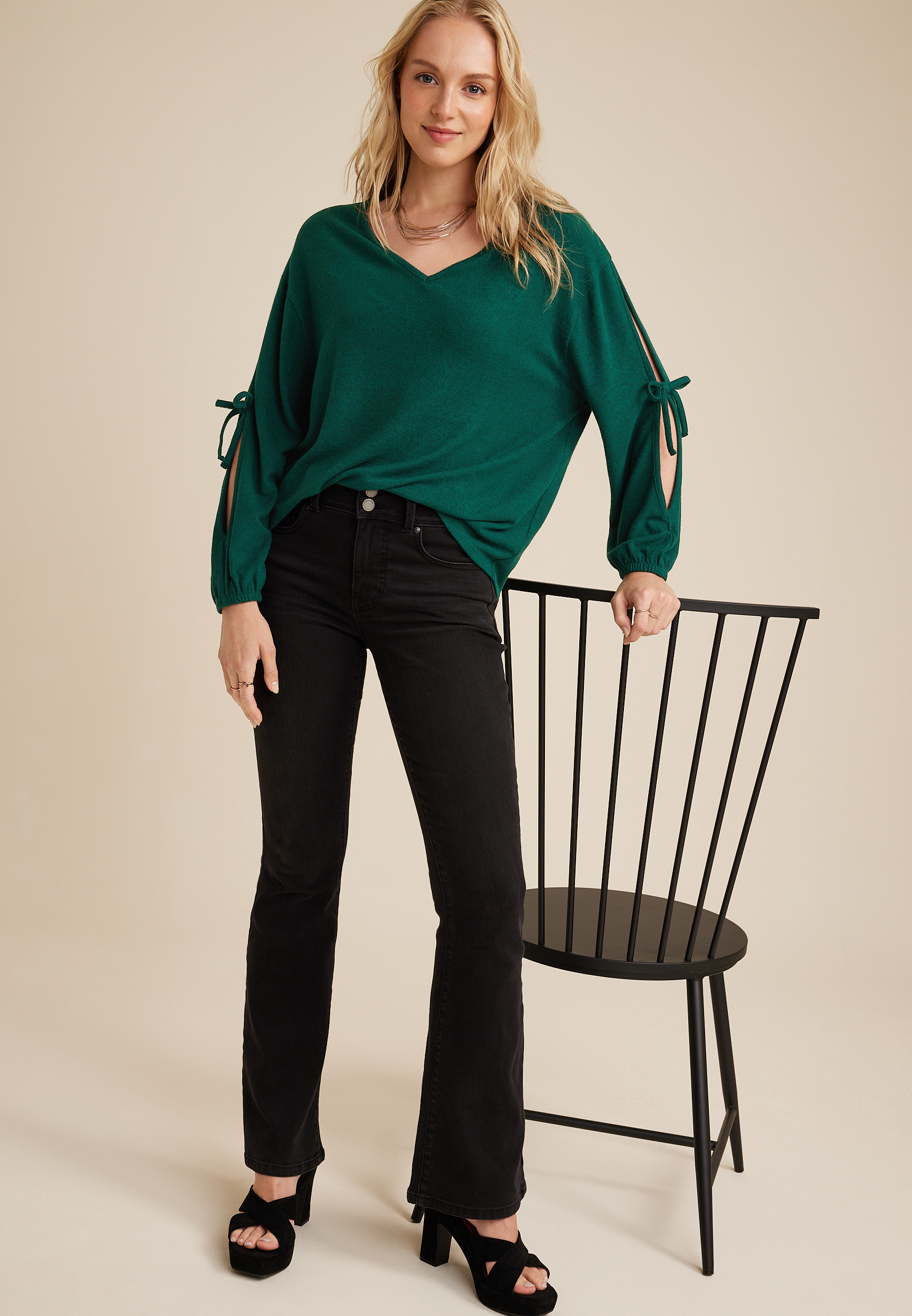 V Neck Tie Sleeve Top, C3895, large