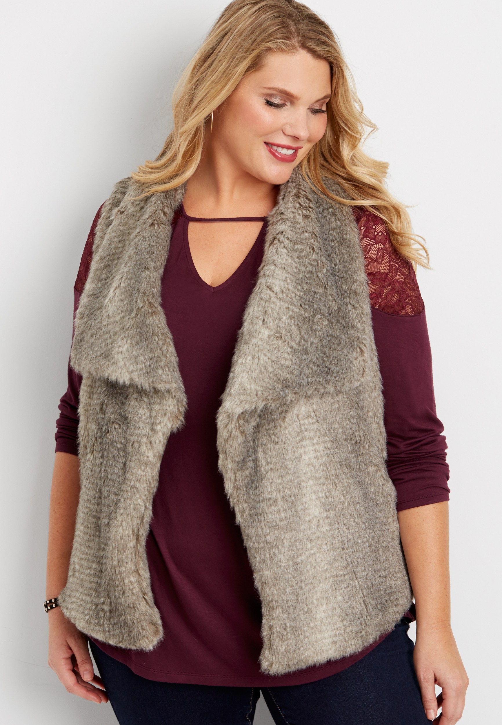 plus size faux fur vest with knit back maurices