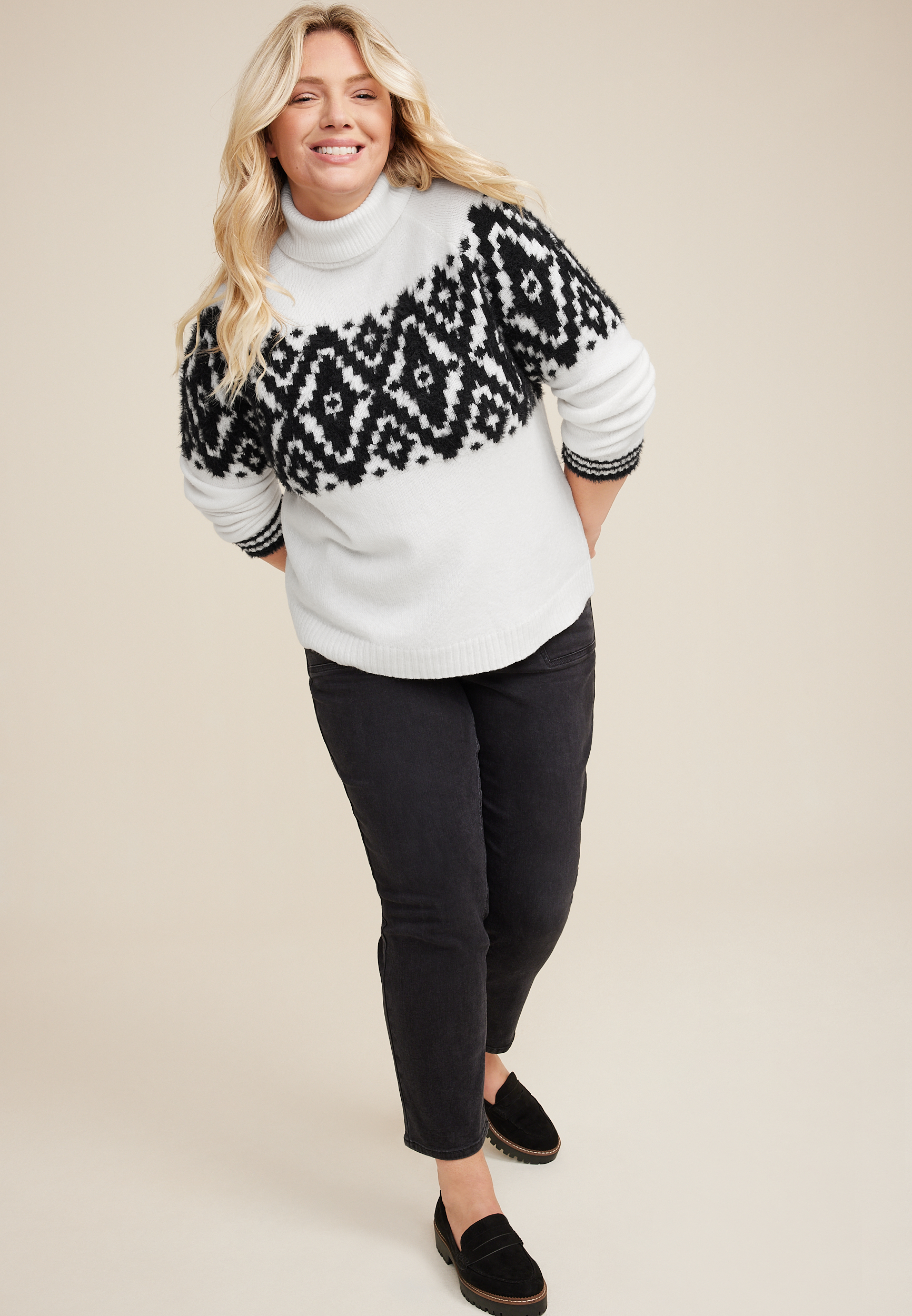 Plus Size Geo Fair Isle Turtleneck Sweater, C3986, large