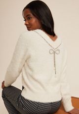 Rhinestone Bow Embellished Sweater, ECRU COMBO, small