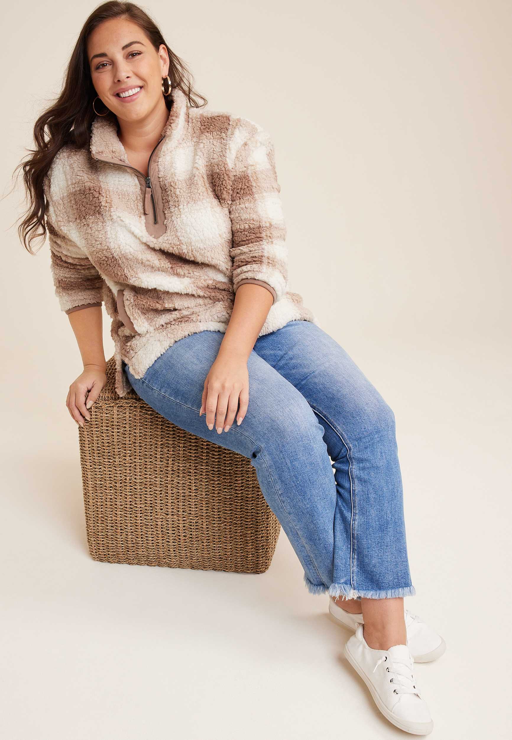 Plus Size Plaid Teddy Sherpa Sweatshirt, C1524, large
