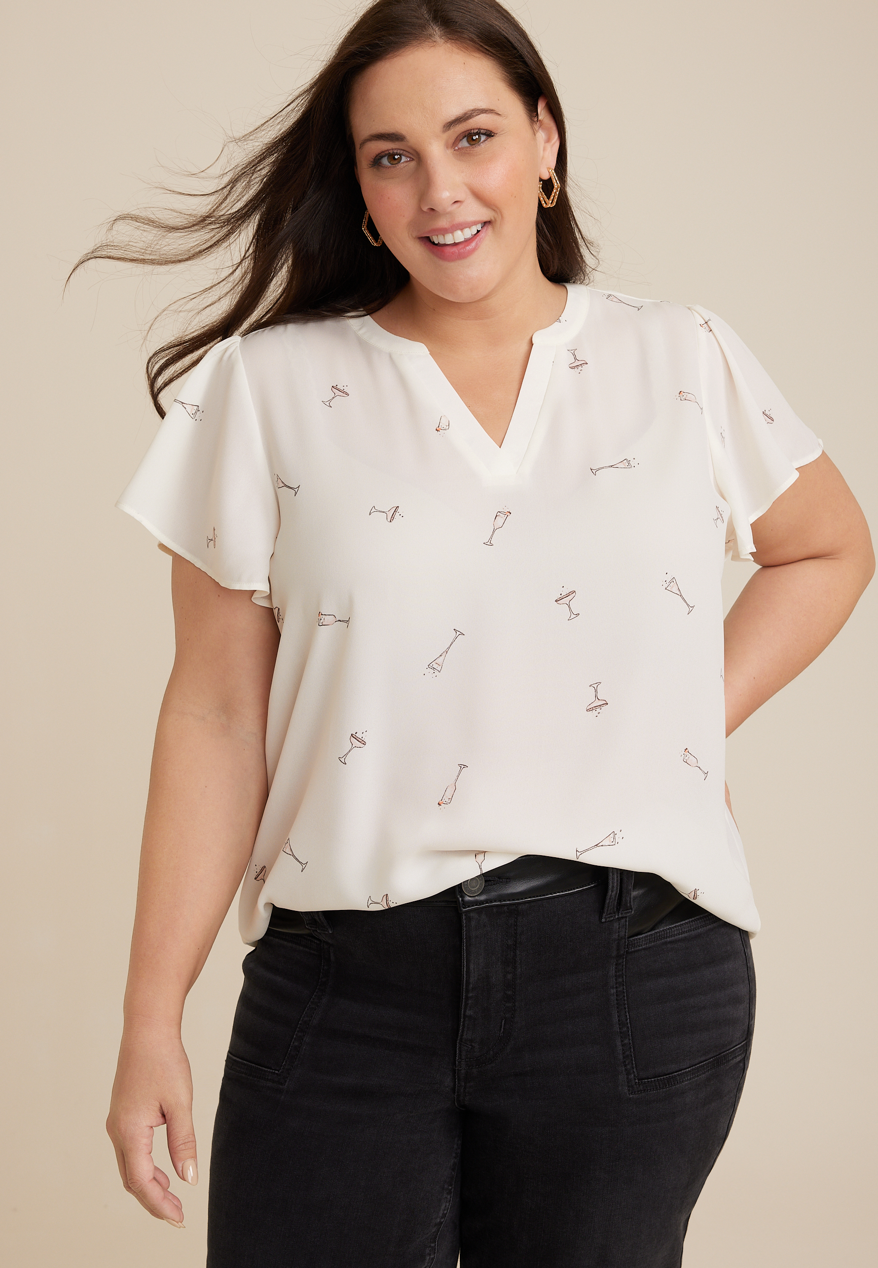 Plus Size Atwood Champagne Print Flutter Sleeve Blouse