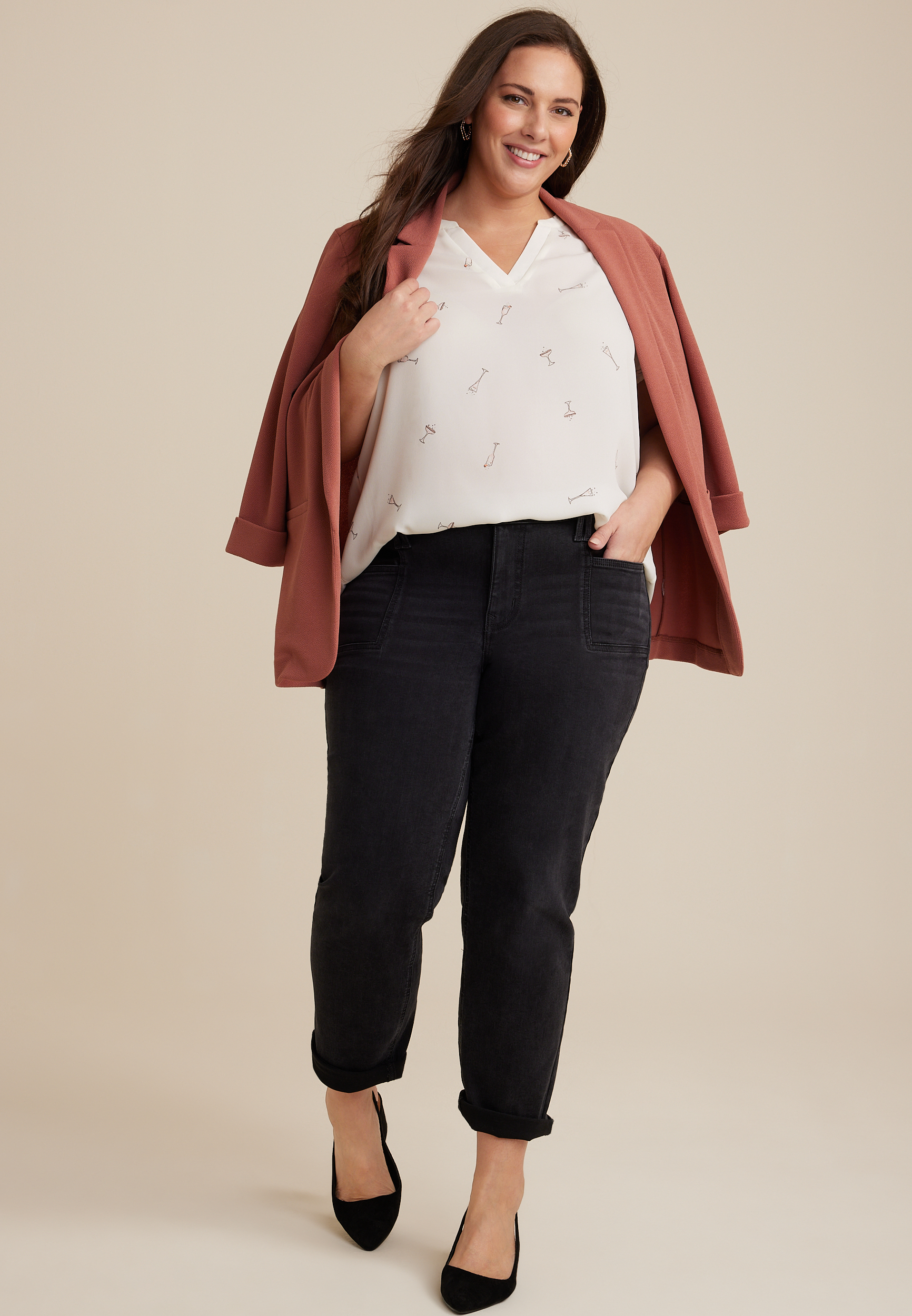 Plus Size Atwood Champagne Print Flutter Sleeve Blouse, C3986, large