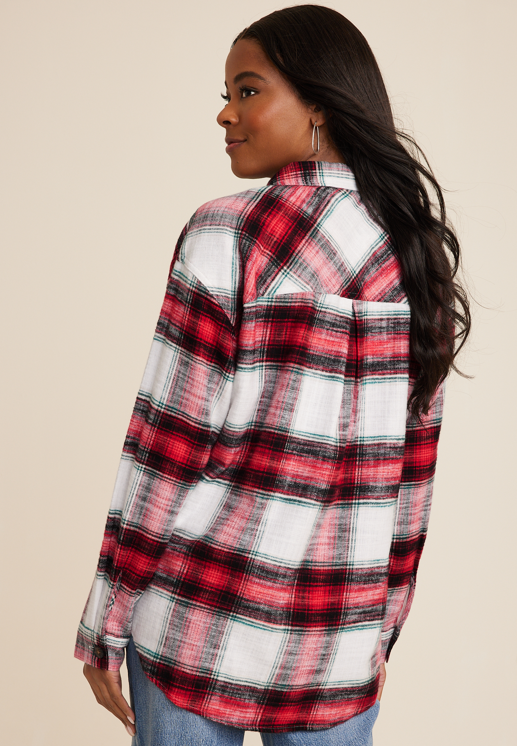 Cabin Plaid Boyfriend Tunic Shirt, C7044, large
