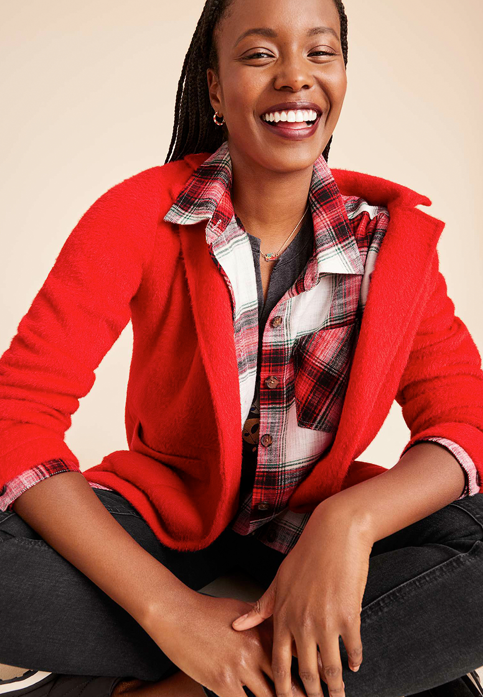 Cabin Plaid Boyfriend Tunic Shirt, C7044, large