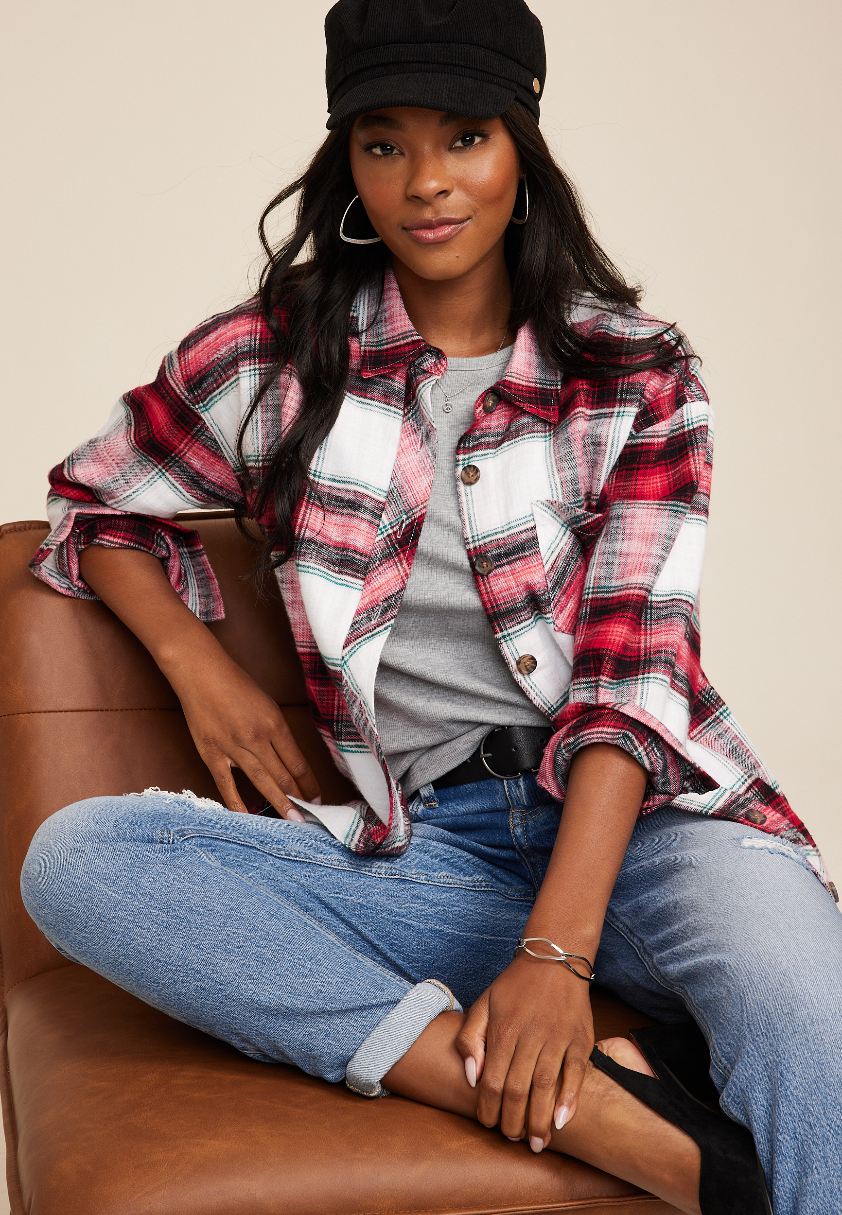 Cabin Plaid Boyfriend Tunic Shirt, C7044, large