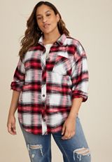 Plus Size Cabin Plaid Boyfriend Tunic Shirt, REBEL RED COMBO, small