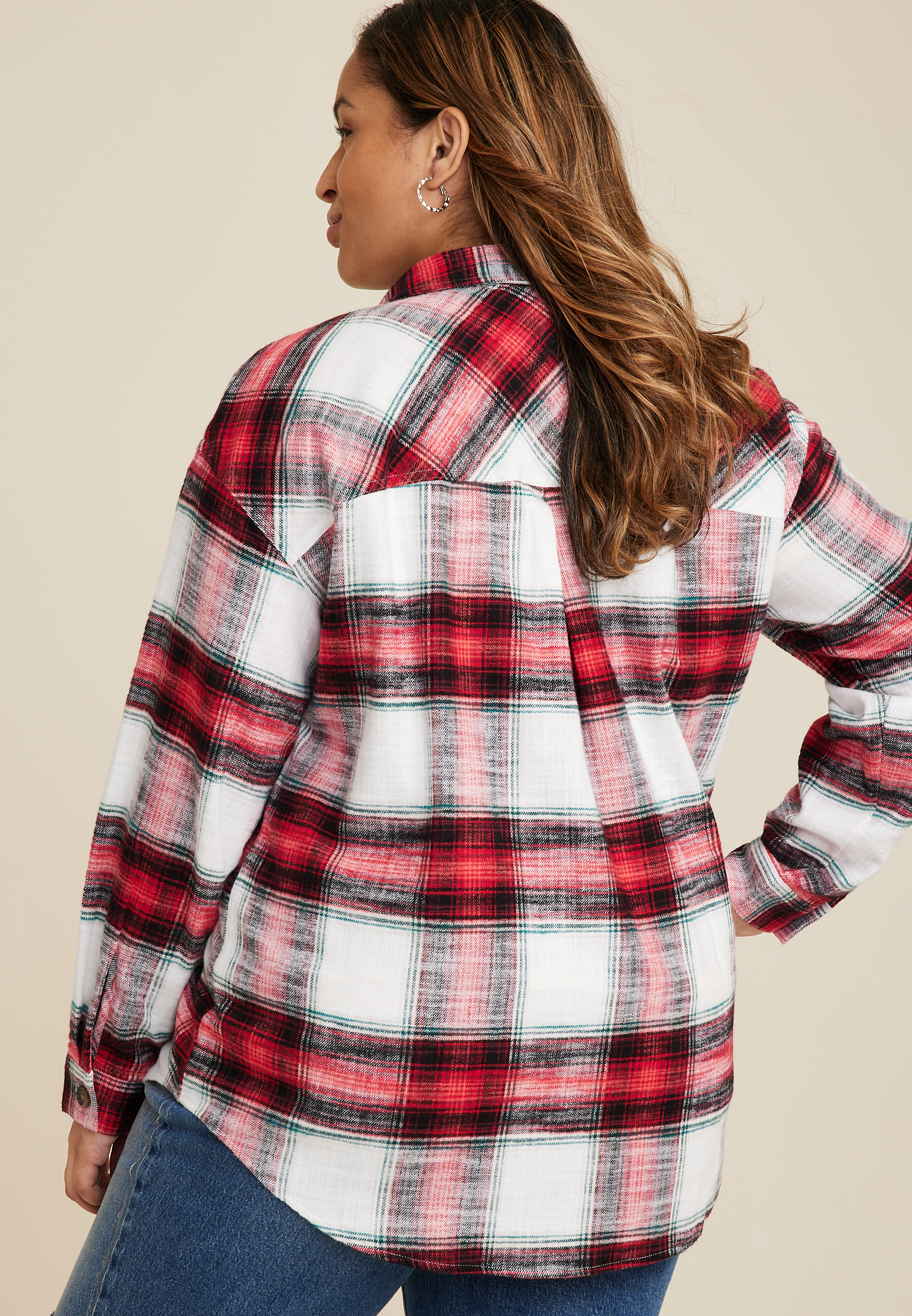 Plus Size Cabin Plaid Boyfriend Tunic Shirt, REBEL RED COMBO, large