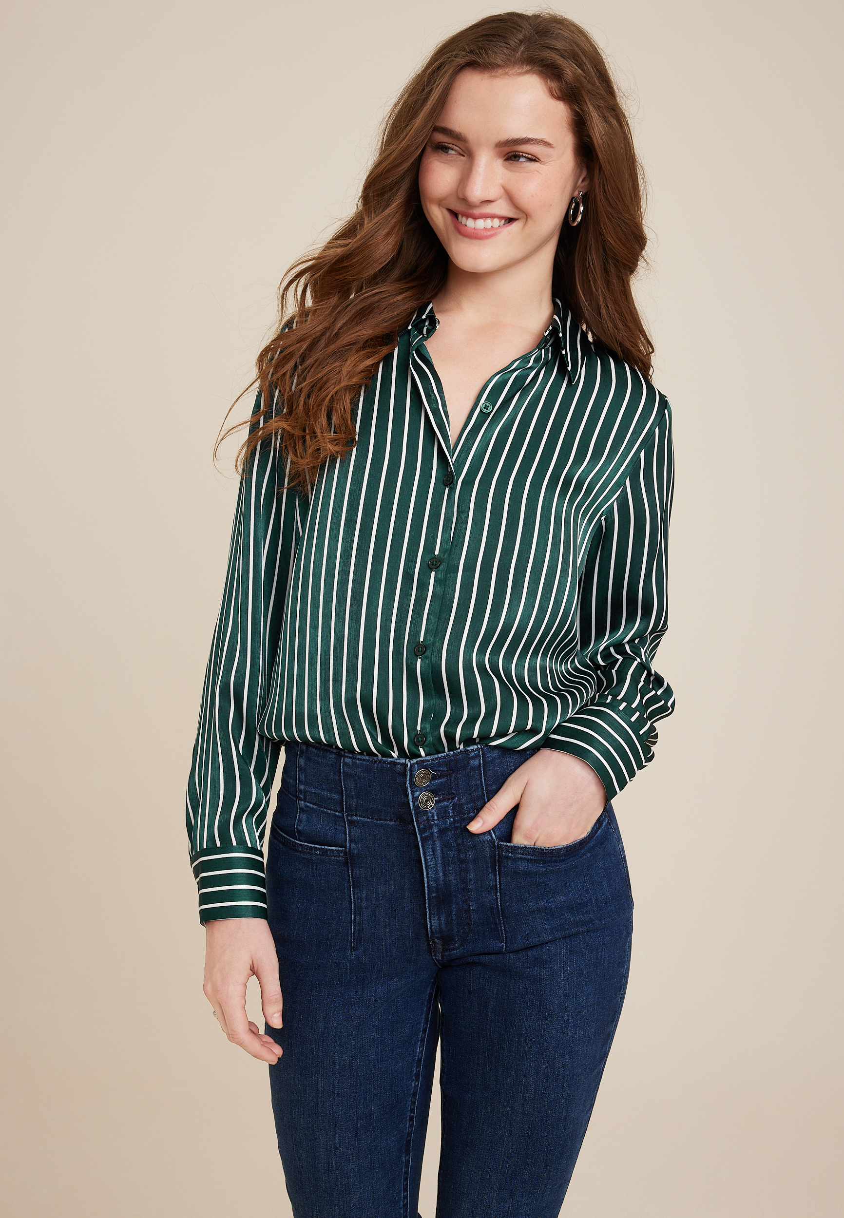 Winona Green Striped Satin Button Down Blouse | maurices