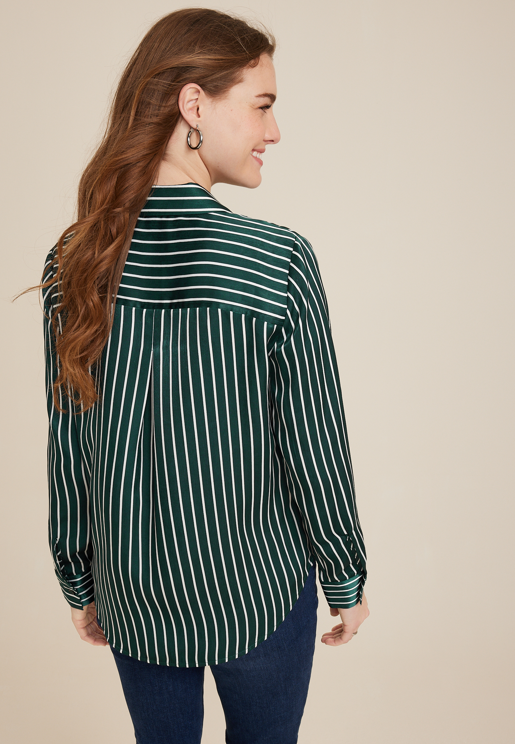 Winona Green Striped Satin Button Down Blouse, C7085, large