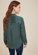 Winona Green Striped Satin Button Down Blouse, C7085, small
