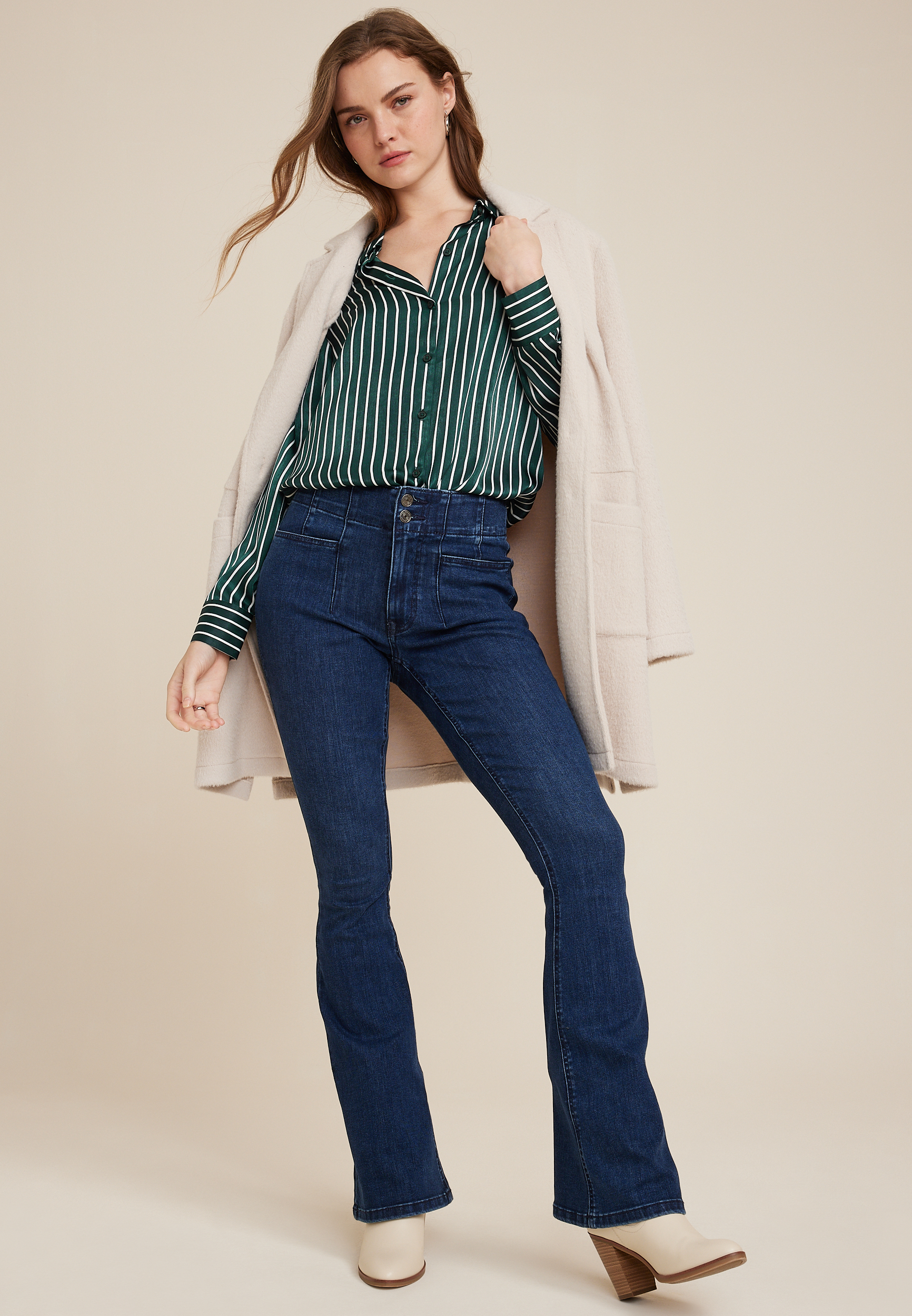 Winona Green Striped Satin Button Down Blouse, C7085, large