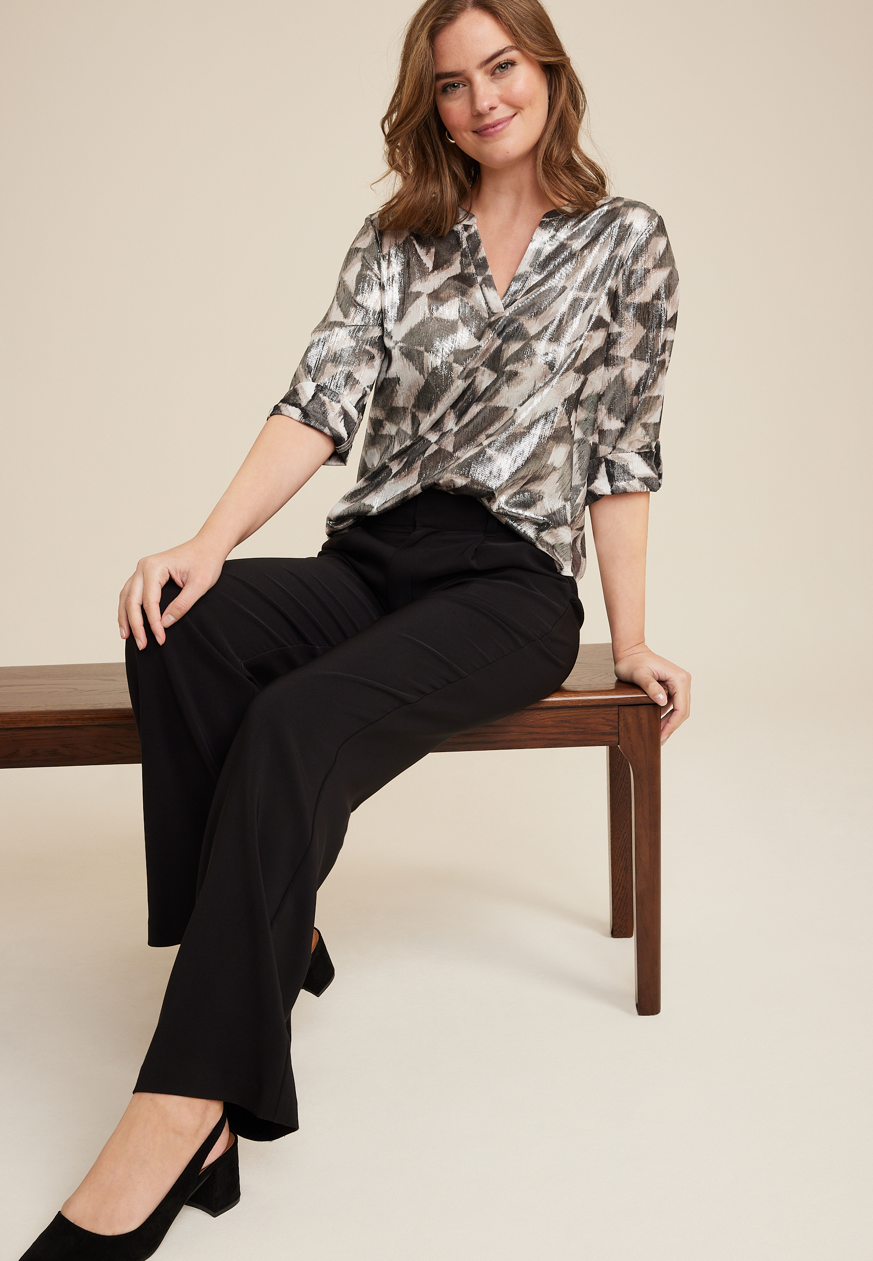 Atwood Geo Metallic 3/4 Sleeve Popover Blouse, C1756, large