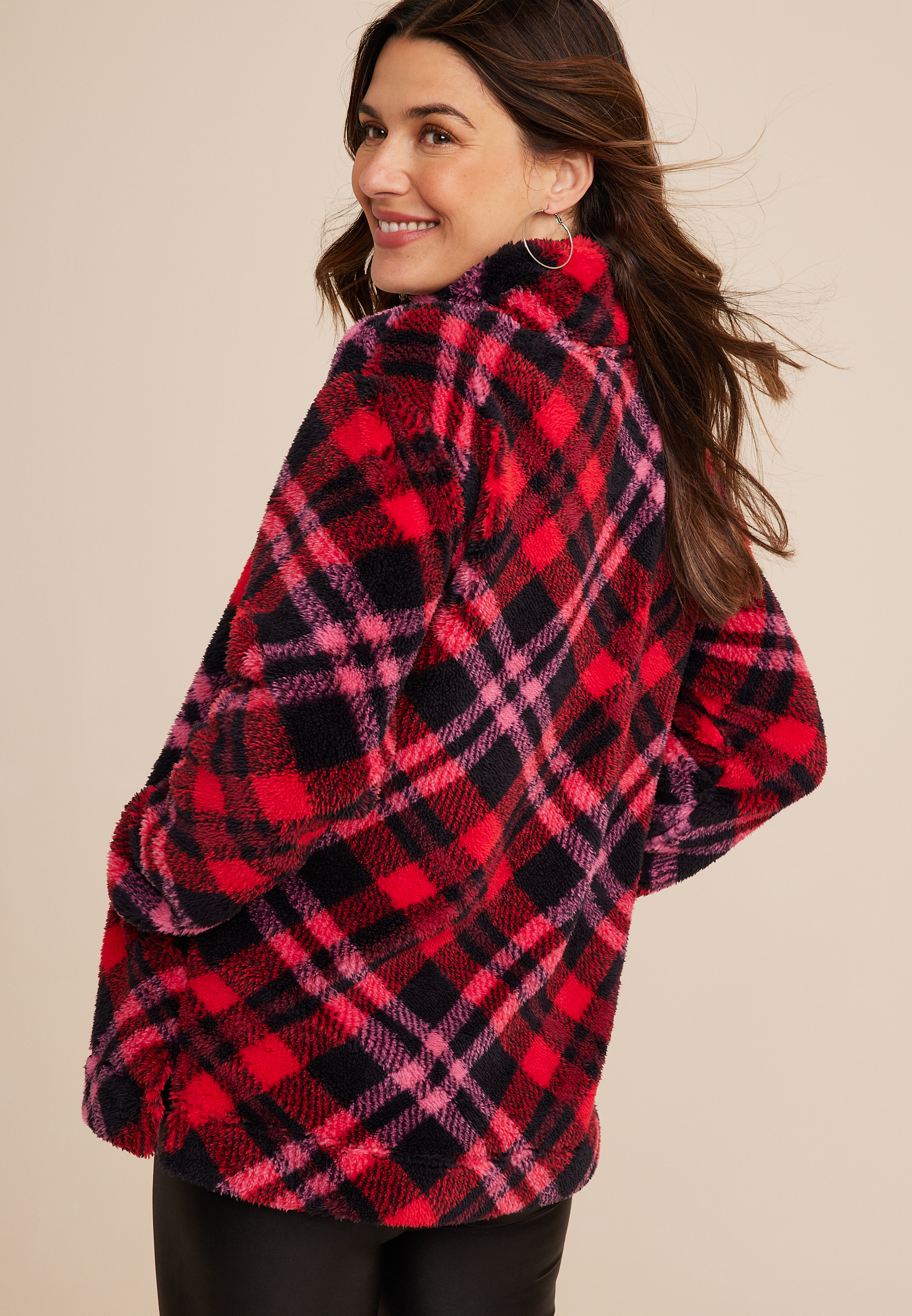 Red Plaid Teddy Sherpa Sweatshirt, C9393, large