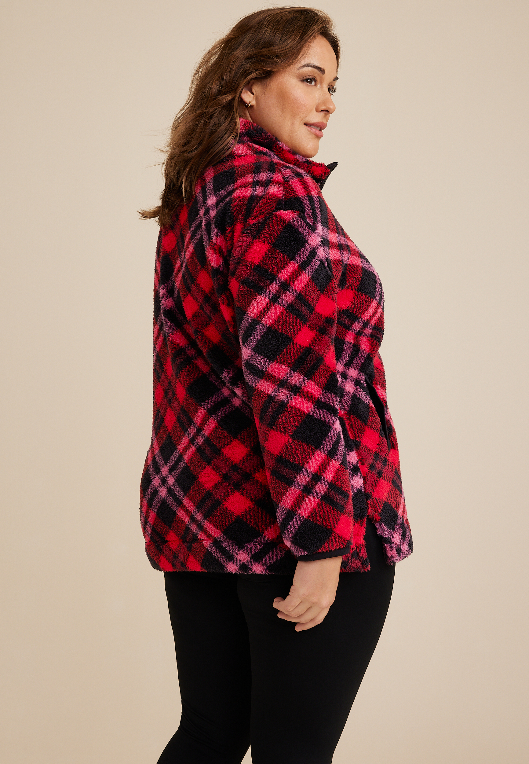 Plus Size Red Plaid Teddy Sherpa Sweatshirt, C9393, large