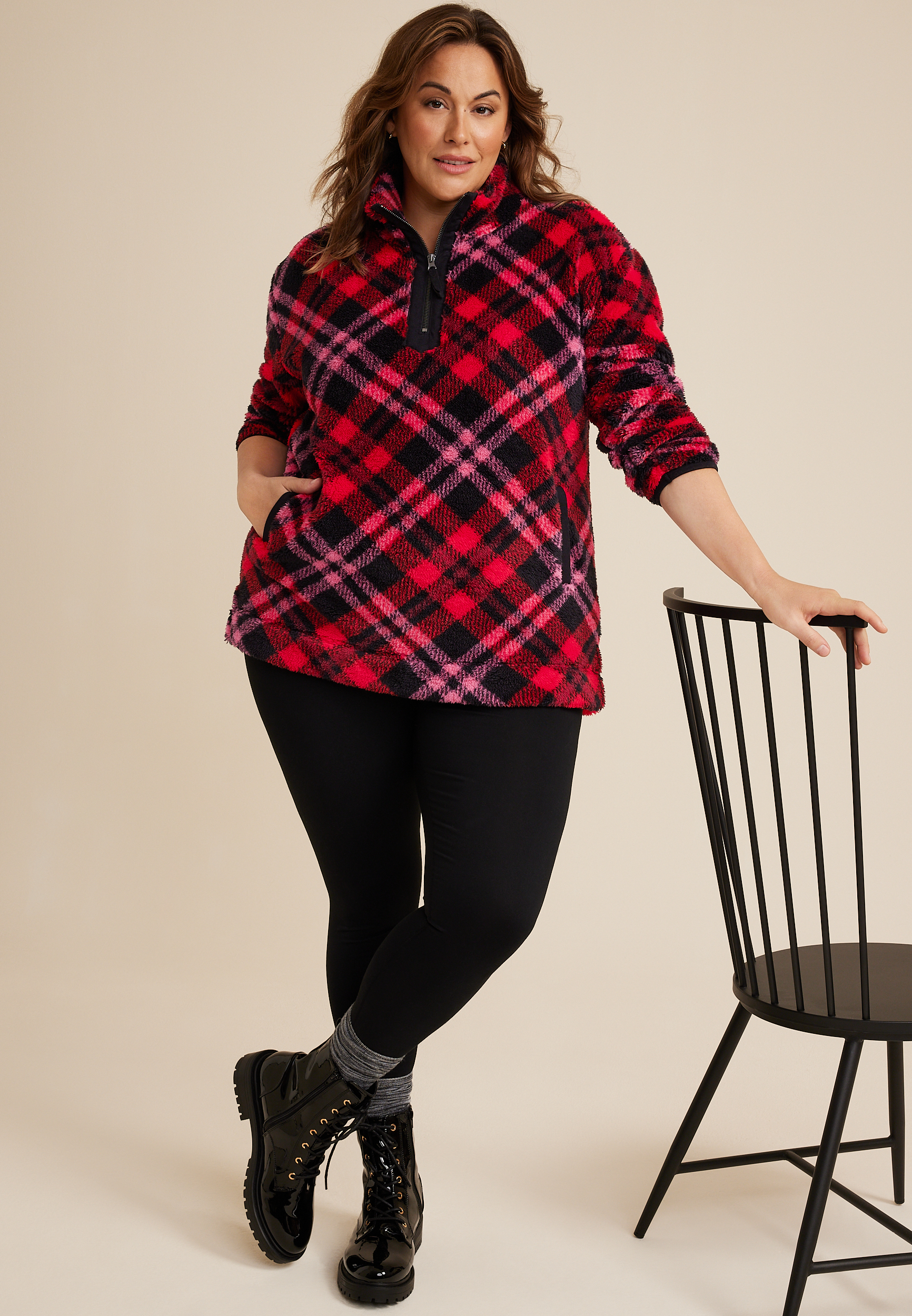 Plus Size Red Plaid Teddy Sherpa Sweatshirt, C9393, large