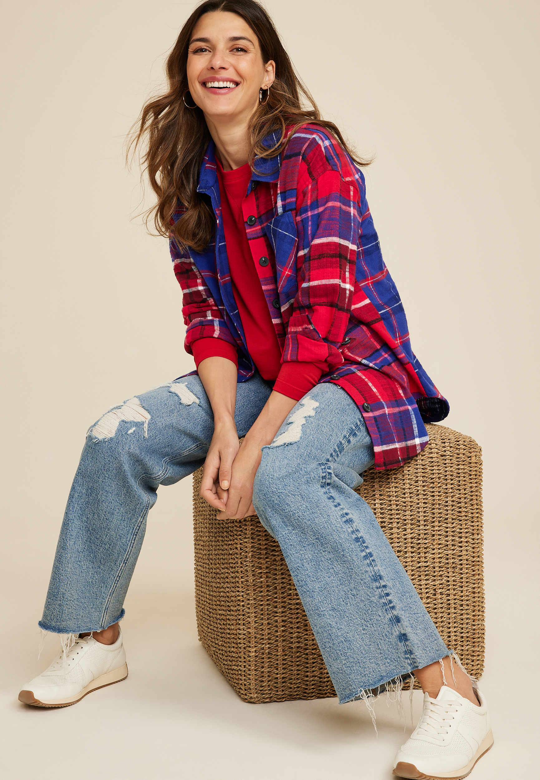 Cabin Plaid Boyfriend Tunic Shirt, C1772, large