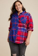 Plus Size Cabin Plaid Boyfriend Tunic Shirt, C1772, small