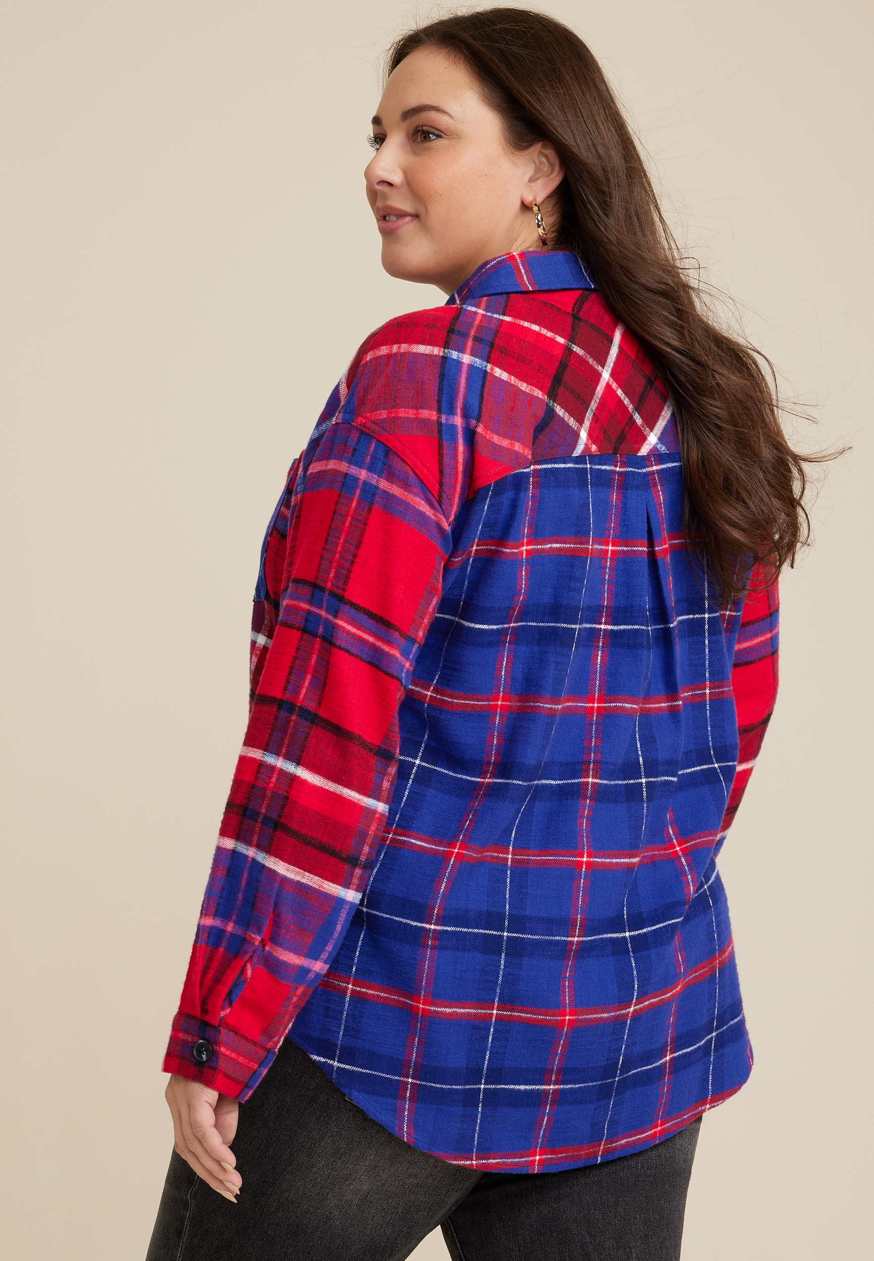 Plus Size Cabin Plaid Boyfriend Tunic Shirt, C1772, large