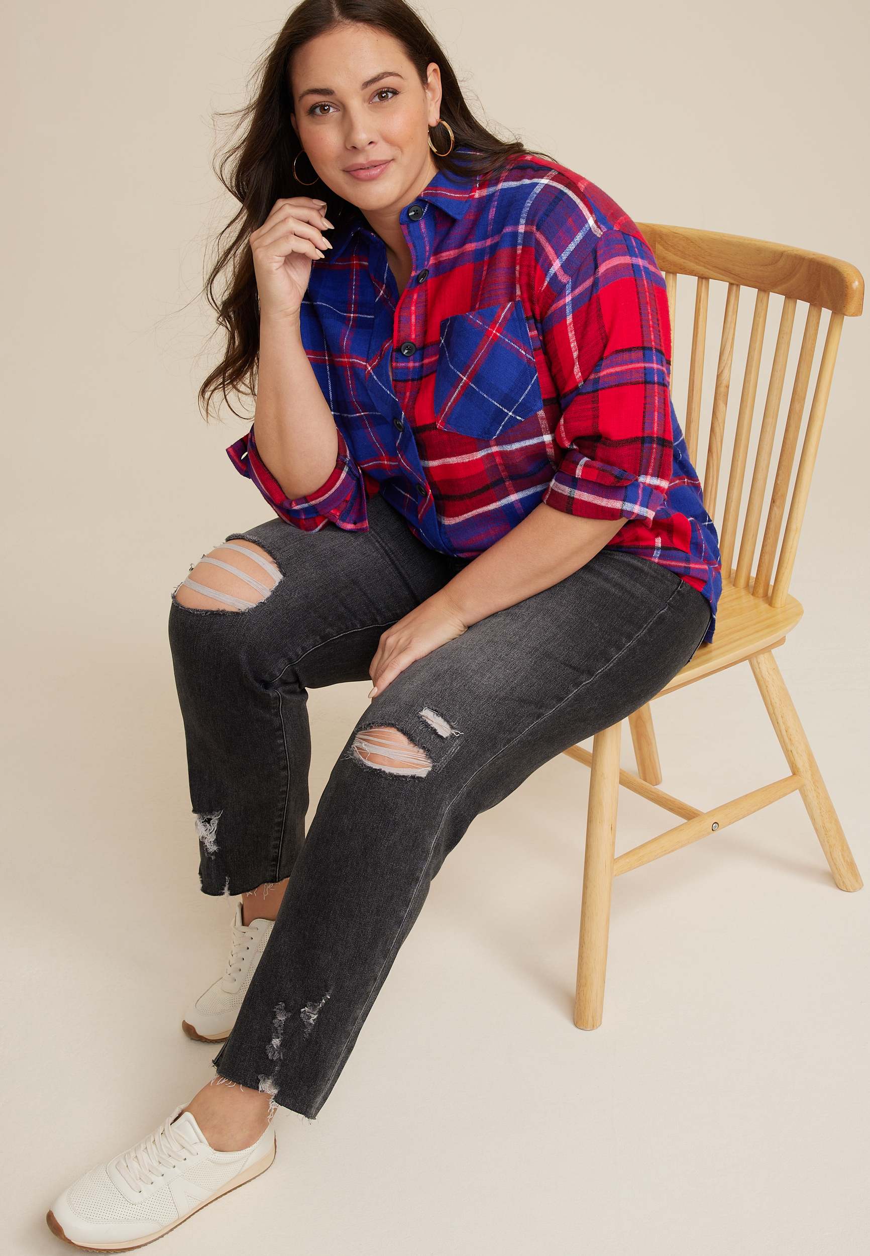 Plus Size Cabin Plaid Boyfriend Tunic Shirt, C1772, large
