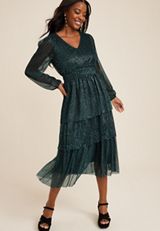 Green Plisse Long Sleeve Midi dress, C3895, small
