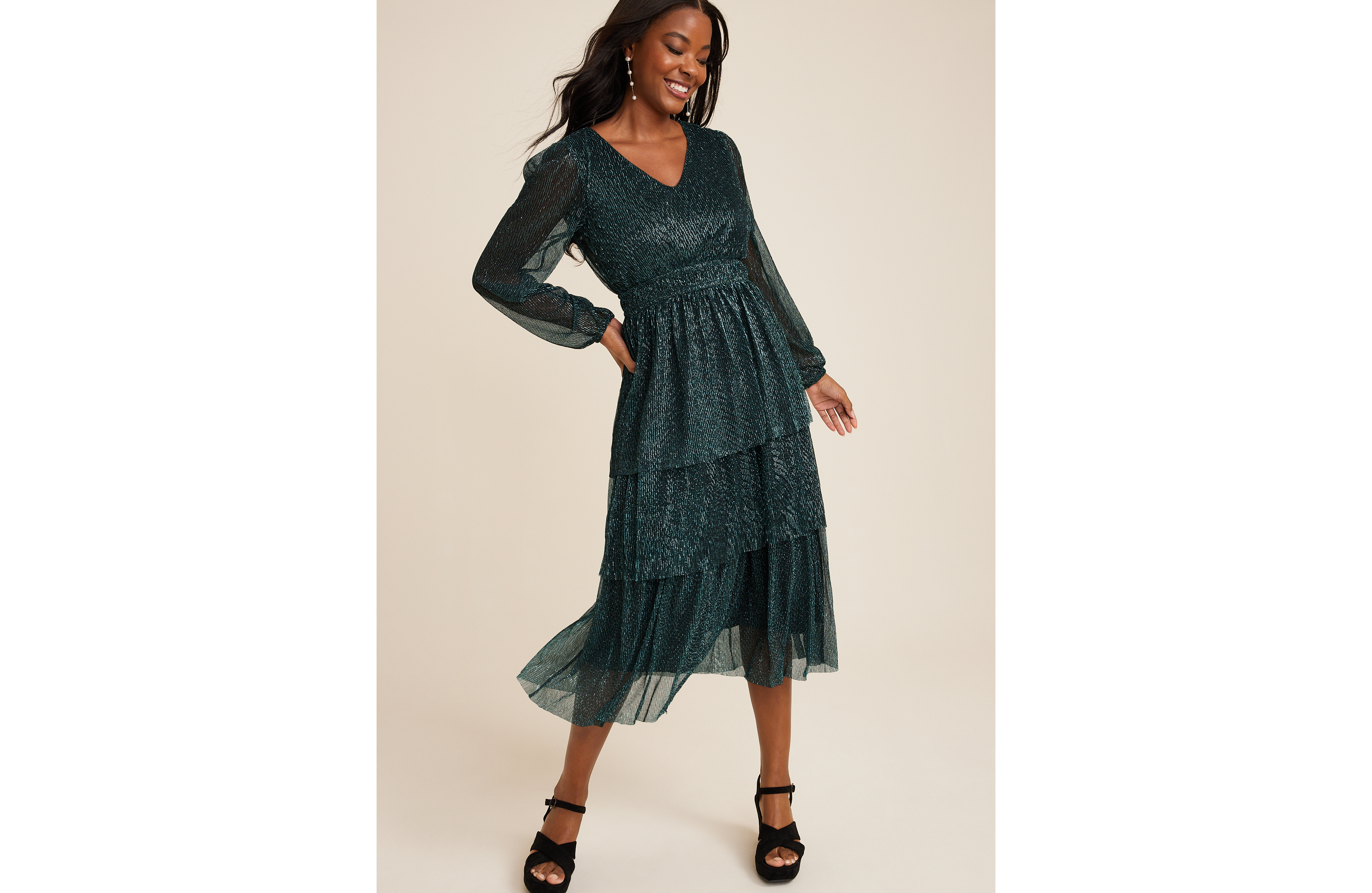 Green Plisse Long Sleeve Midi dress