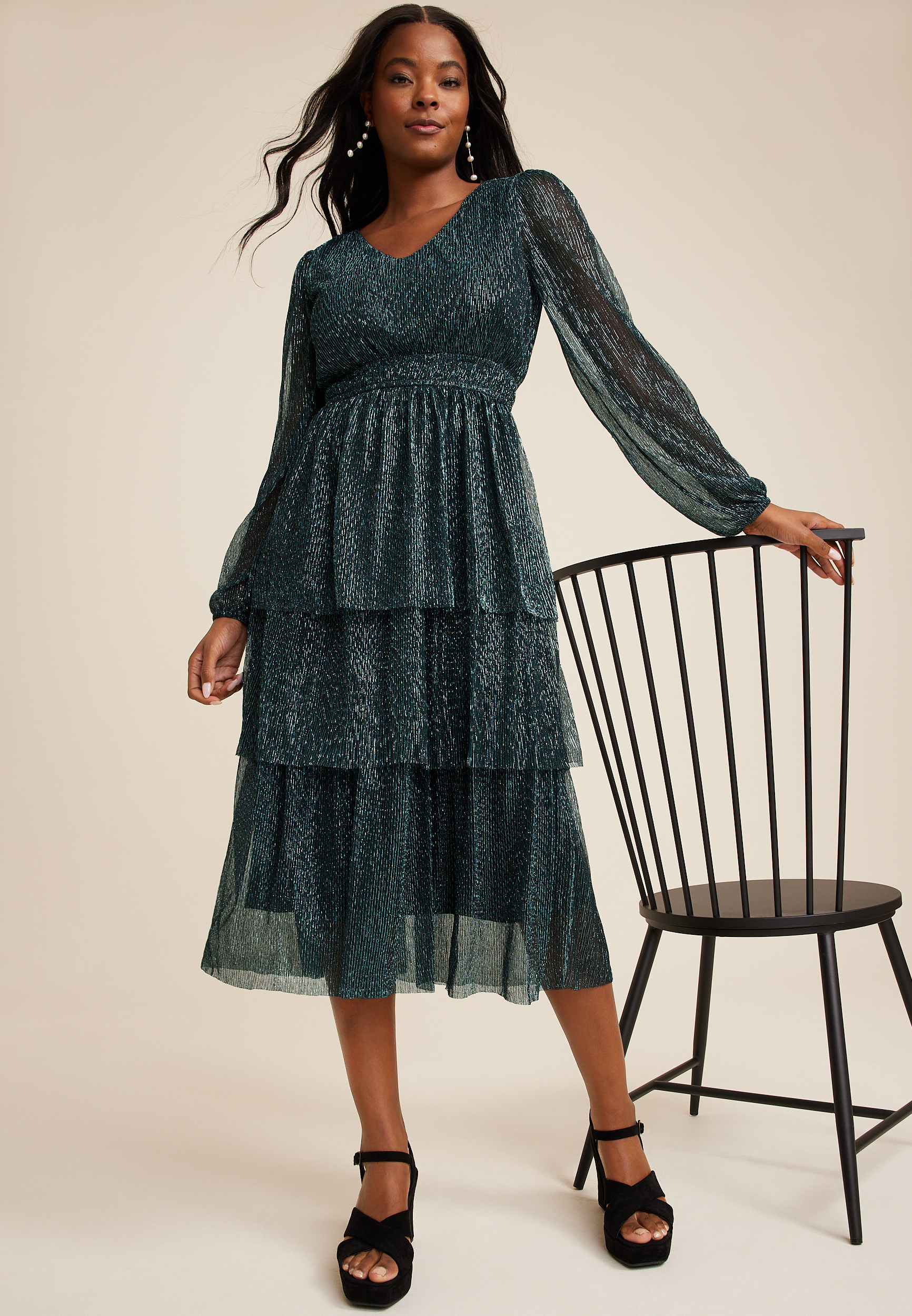 Green Plisse Long Sleeve Midi dress, C3895, large