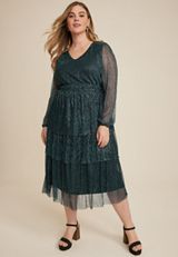 Plus Size Green Plisse Long Sleeve Midi dress, C3895, small
