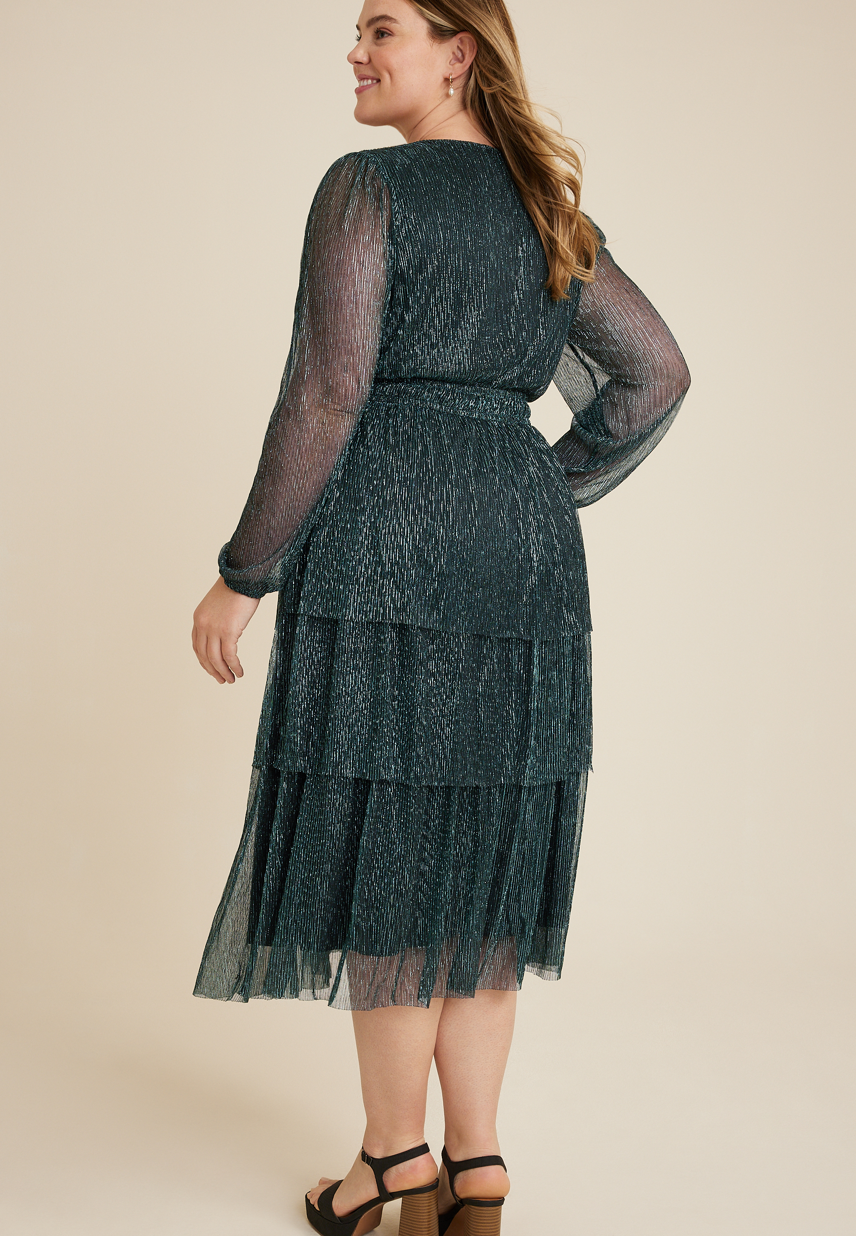 Plus Size Green Plisse Long Sleeve Midi dress, C3895, large