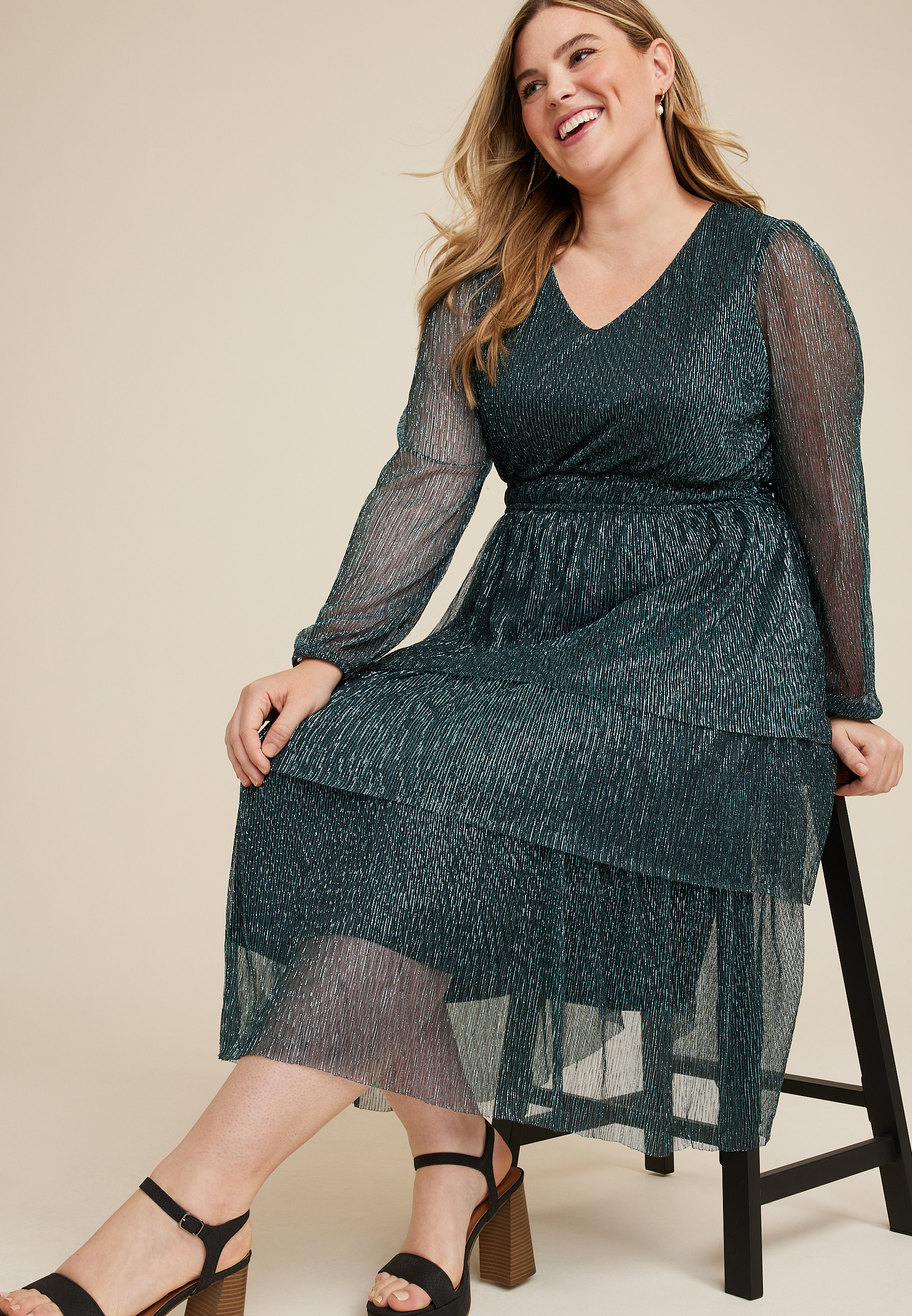 Plus Size Green Plisse Long Sleeve Midi dress, C3895, large