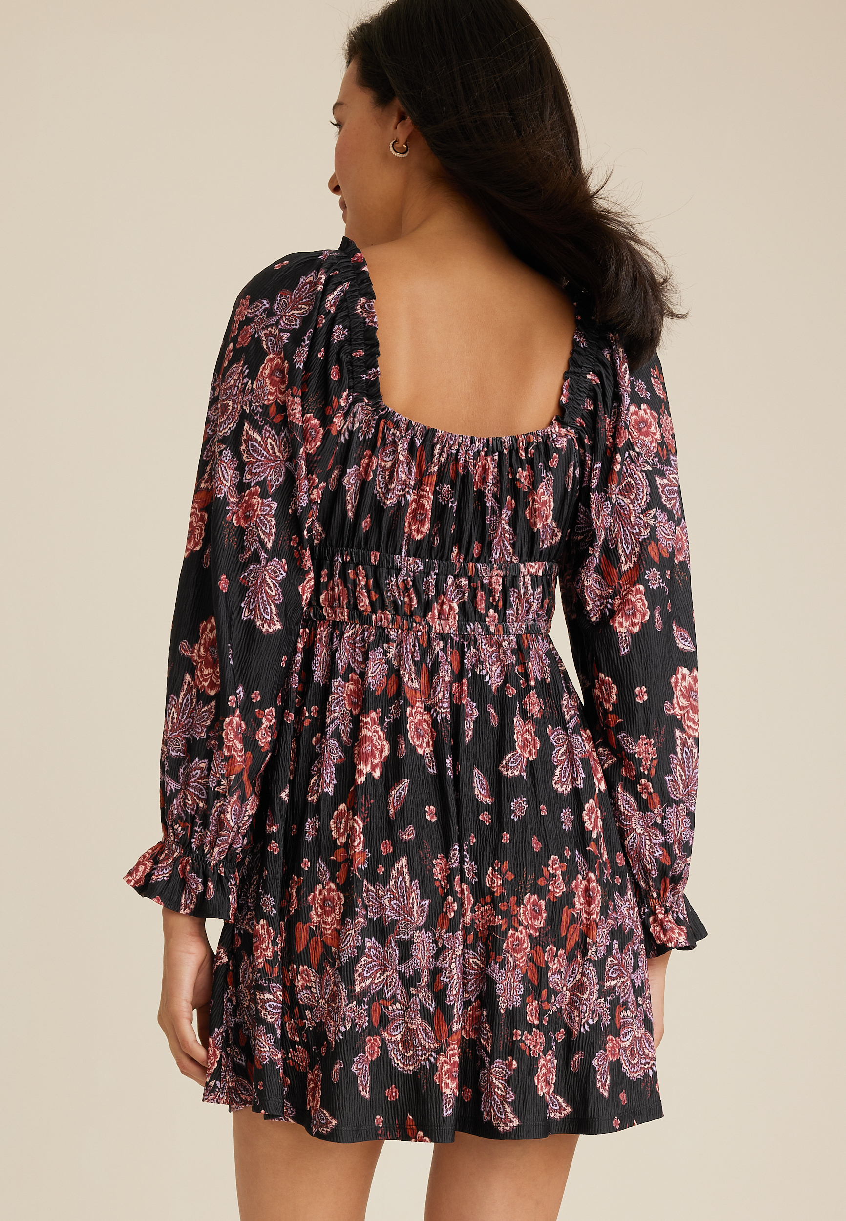 Plisse Floral Sweetheart Babydoll Mini Dress, BLACK COMBO, large