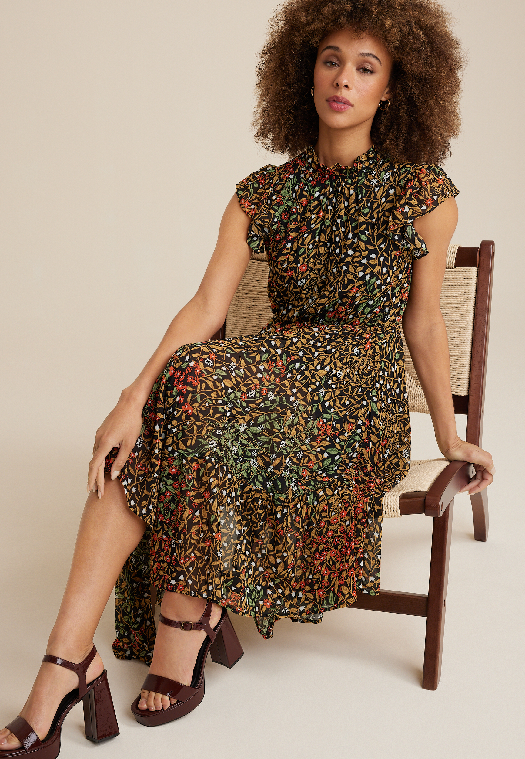Floral Flutter Sleeve Midi Dress, BLACK COMBO, large
