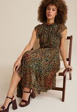 Floral Flutter Sleeve Midi Dress, BLACK COMBO, small