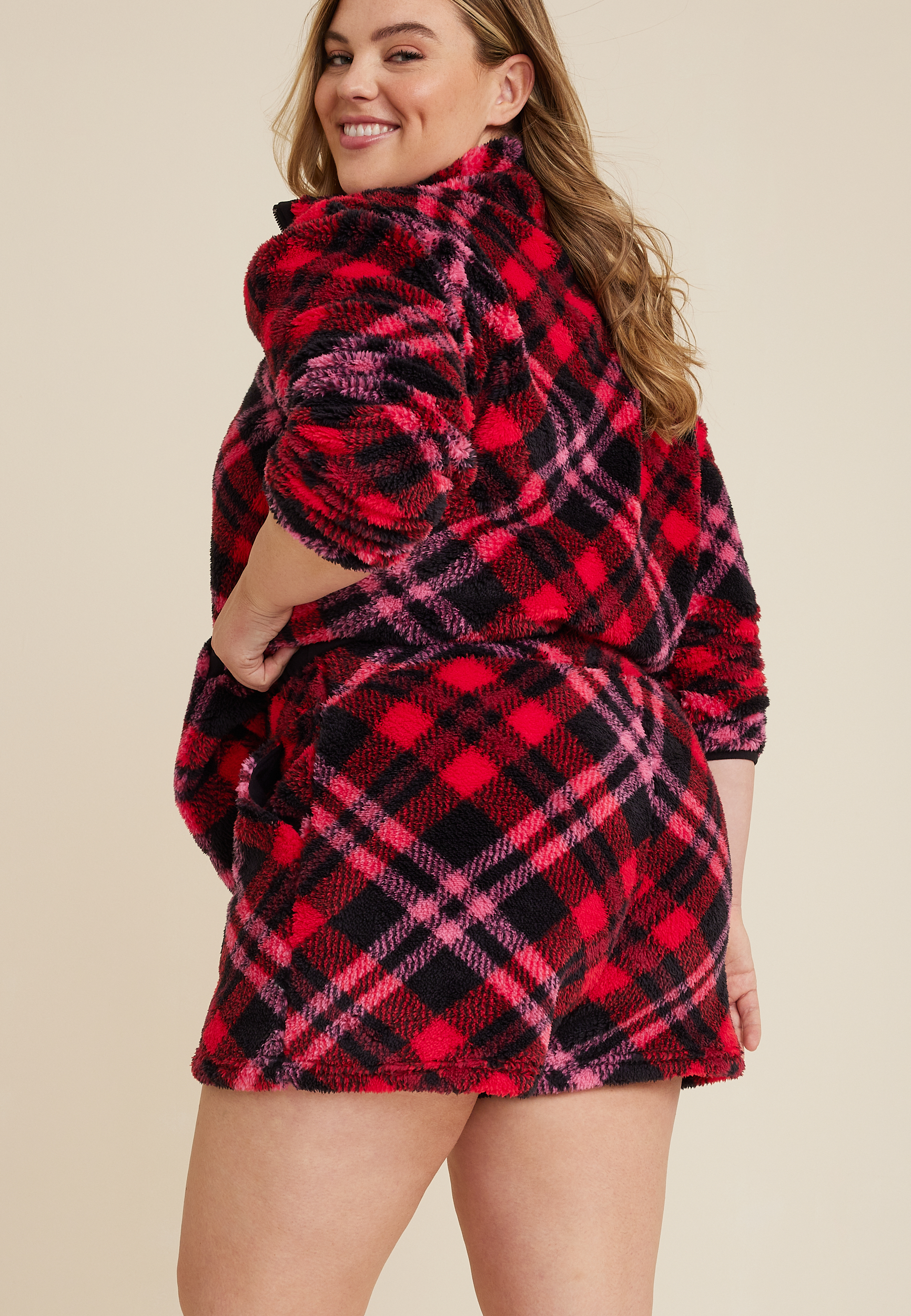 Plus Size Plaid Teddy Sherpa High Rise Short, C9393, large