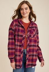 Cabin Plaid Hooded Boyfriend Tunic Shirt, C4731, small