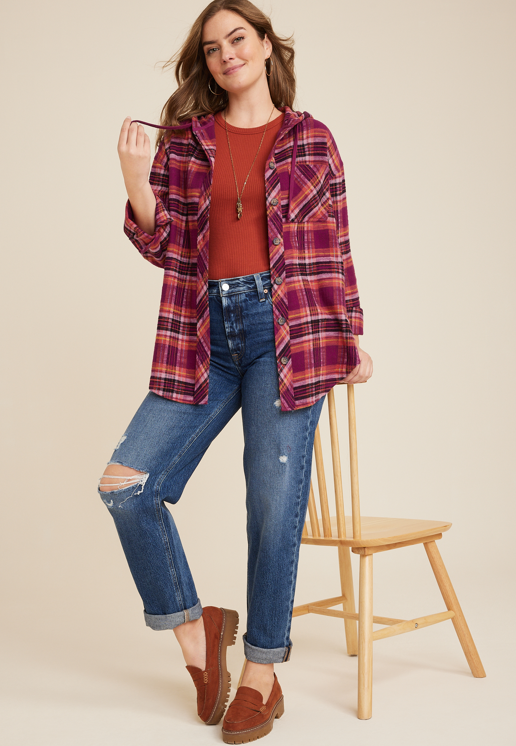 Cabin Plaid Hooded Boyfriend Tunic Shirt, C4731, large