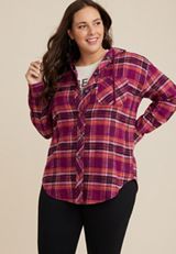 Plus Size Cabin Plaid Hooded Boyfriend Tunic Shirt, C4731, small